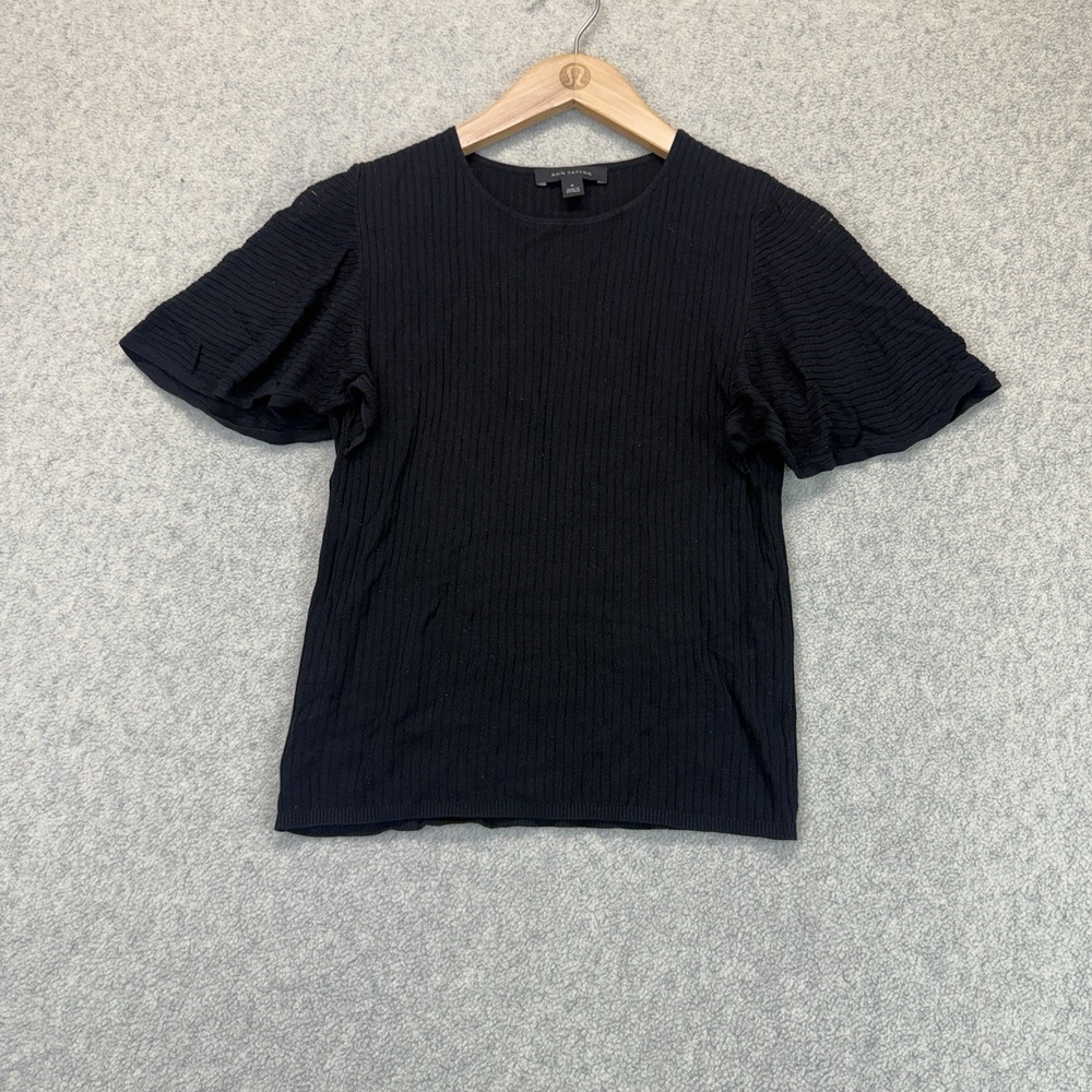 Ann Taylor Women's Black Ribbed Knit Flutter Sleeve Top Size M